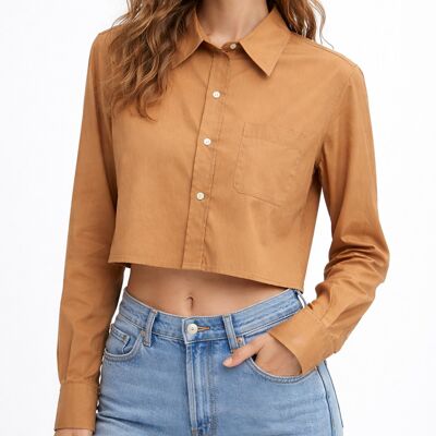 Koszula Damska Elegancka Camel Krótka Casual Z Długim Rękawem Wiskoza EDAN M Koszula Damska Elegancka Camel Krótka Casual Z Długim Rękawem Wiskoza EDAN M