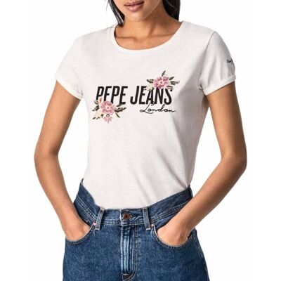 Koszulka damska Pepe Jeans P atience ecru z printem i haftem-XS Koszulka damska Pepe Jeans P atience ecru z printem i haftem-XS