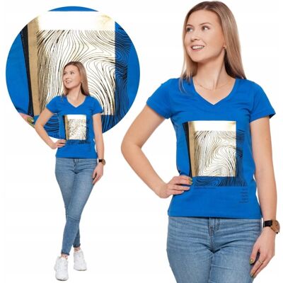 Koszulka Damska T-Shirt Bawełniana Ze Złotym Błyszczącym Nadrukiem Moraj S Blue Koszulka Damska T-Shirt Bawełniana Ze Złotym Błyszczącym Nadrukiem Moraj S Blue