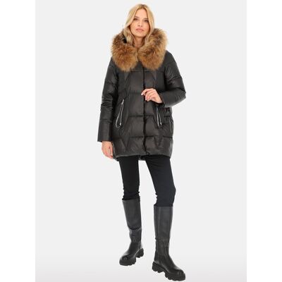 Inny producent Kurtka damska puchowa długości ¾ z futrem jenota Czarny 3XL Inny producent Kurtka damska puchowa długości ¾ z futrem jenota Czarny 3XL
