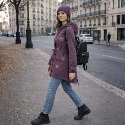 PINK BOX Kurtka parka damska fioletowa cieniowana z kapturem gwiazdki złote wiązana UNI PINK BOX Kurtka parka damska fioletowa cieniowana z kapturem gwiazdki złote wiązana UNI