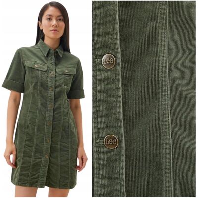 Lee RIDER SHIRT DRESS OliveGrove koszula sukienka sztruksowa krótki rękaw L Lee RIDER SHIRT DRESS OliveGrove koszula sukienka sztruksowa krótki rękaw L