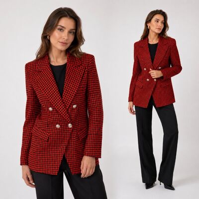 Inny producent Marynarka Damska Żakiet Z Kieszeniami Casual W Pepitkę Czerwony EDAN S Inny producent Marynarka Damska Żakiet Z Kieszeniami Casual W Pepitkę Czerwony EDAN S