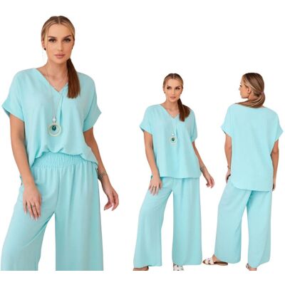 Kesi Miętowy komplet damski oversize bluzka z naszyjnikiem + szerokie spodnie Kesi Miętowy komplet damski oversize bluzka z naszyjnikiem + szerokie spodnie
