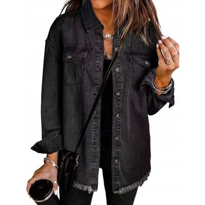 inna (Inny) Modna Koszula Damska Kurtka Jeansowa Luźna Bluza Czarna Black Frędzle M inna (Inny) Modna Koszula Damska Kurtka Jeansowa Luźna Bluza Czarna Black Frędzle M
