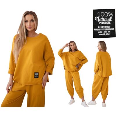 Kesi Musztardowy komplet bawełniany damski: bluza oversize i spodnie Kesi Musztardowy komplet bawełniany damski: bluza oversize i spodnie
