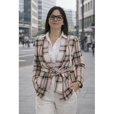 PINK BOX Narzutka marynarka damska w kratę wiązana pasek elegancka Uni PINK BOX Narzutka marynarka damska w kratę wiązana pasek elegancka Uni