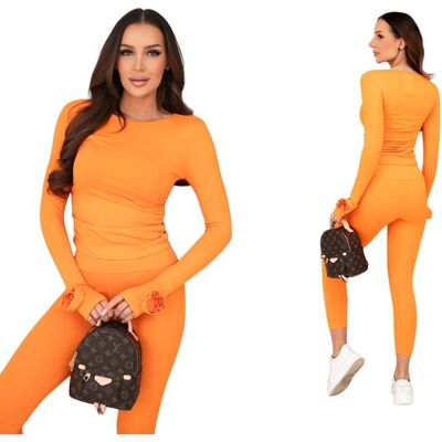 Kesi Pomarańczowy komplet damski prążkowany z wiskozy bluzka i legginsy Kesi Pomarańczowy komplet damski prążkowany z wiskozy bluzka i legginsy