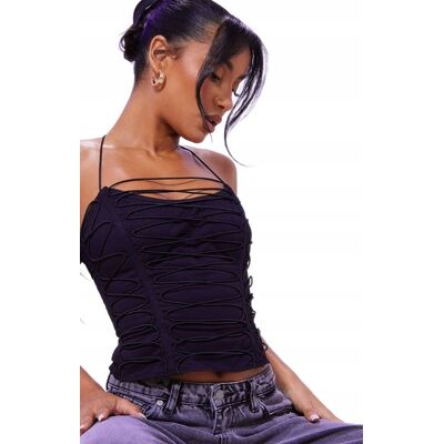PRETTYLITTLETHING TOP CZARNY SZNUROWANY 38 2FA PRETTYLITTLETHING TOP CZARNY SZNUROWANY 38 2FA