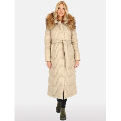 Inny producent Puchowy płaszcz damski wiązany z naturalnym futrem Beżowy 3XL Inny producent Puchowy płaszcz damski wiązany z naturalnym futrem Beżowy 3XL