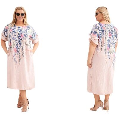 Kesi Pudrowy róż sukienka damska wiskozowa Plus Size z krótkim rękawem Kesi Pudrowy róż sukienka damska wiskozowa Plus Size z krótkim rękawem
