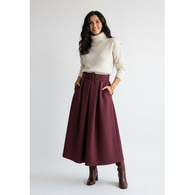 FIGL Rozkloszowana spódnica midi A-line z paskiem i kieszeniami elegancka - M1255, bordowy, M FIGL Rozkloszowana spódnica midi A-line z paskiem i kieszeniami elegancka - M1255, bordowy, M