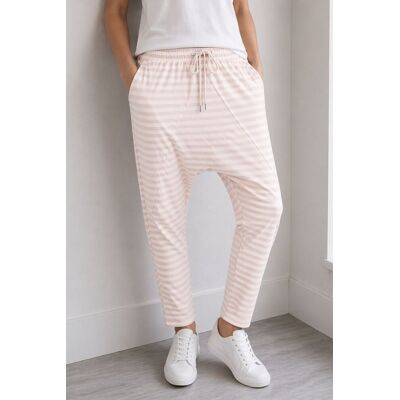 PINK BOX Spodnie damskie alladynki blady róż luźne w paski ITALY bawełna oversize PINK BOX Spodnie damskie alladynki blady róż luźne w paski ITALY bawełna oversize