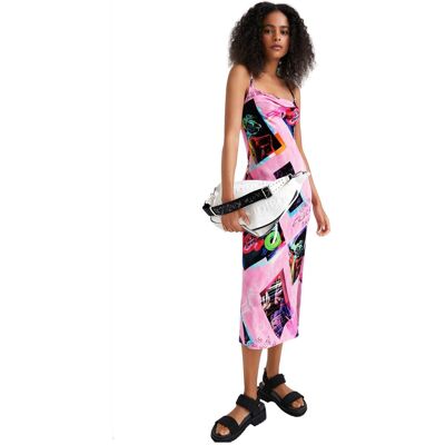 Sukienka damska Desigual Tropic różowa z nadrukiem na szelkach-XL Sukienka damska Desigual Tropic różowa z nadrukiem na szelkach-XL