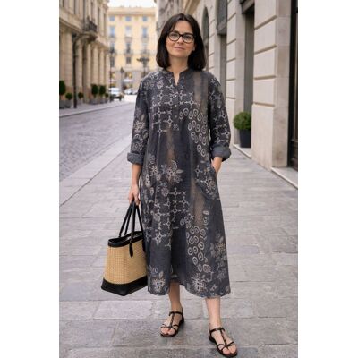 PINK BOX Sukienka damska grafit boho oversize wzory mandala luźna sztruksowa Italy PINK BOX Sukienka damska grafit boho oversize wzory mandala luźna sztruksowa Italy