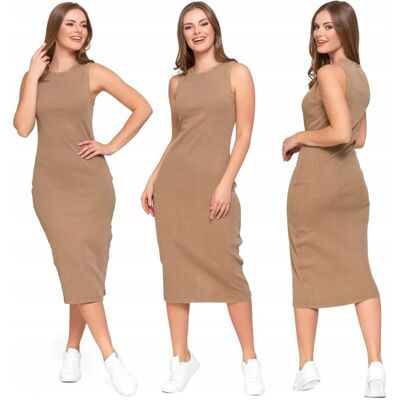 Sukienka Damska Midi Prążkowana Szerokie Ramiączka Klasyczna Moraj Xxl Beige Sukienka Damska Midi Prążkowana Szerokie Ramiączka Klasyczna Moraj Xxl Beige