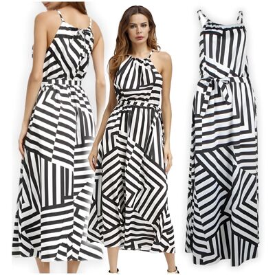 Zolta Sukienka Letnia Maxi, Czarno-Biała W Paski, Boho Plus Size, Rozmiar L Zolta Sukienka Letnia Maxi, Czarno-Biała W Paski, Boho Plus Size, Rozmiar L