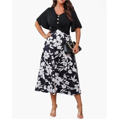 Inny producent Sukienka Letnia w Kwiaty Plus Size 0XL Midi z Kieszeniami Dekolt Serek Inny producent Sukienka Letnia w Kwiaty Plus Size 0XL Midi z Kieszeniami Dekolt Serek