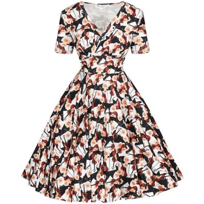 Wonderlandia Sukienka PIN UP muzyczna w skrzypce róże czarno biała rozkloszowana retro Wonderlandia Sukienka PIN UP muzyczna w skrzypce róże czarno biała rozkloszowana retro