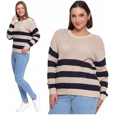 Sweter Damski Ażurowy Delikatny Sweterek w Paski Modny Wzór Kolor MORAJ - L Sweter Damski Ażurowy Delikatny Sweterek w Paski Modny Wzór Kolor MORAJ - L