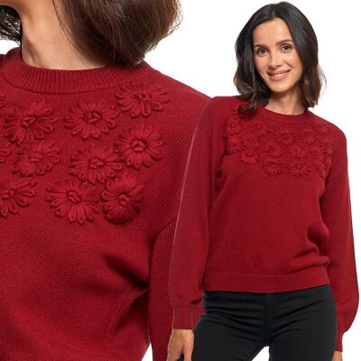 Sweter Damski Bawełniany Oversize Haft Kwiatowy Klasyczny Moraj L Red Sweter Damski Bawełniany Oversize Haft Kwiatowy Klasyczny Moraj L Red