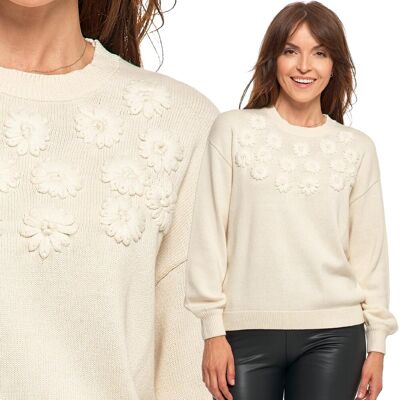 Sweter Damski Bawełniany Oversize Haft Kwiatowy Klasyczny Moraj M Ecru Sweter Damski Bawełniany Oversize Haft Kwiatowy Klasyczny Moraj M Ecru
