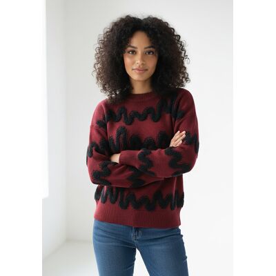 FIGL Sweter damski bordowy boucle z wypukłym falistym wzorem, dekolt okrągły, długi rękaw - M1260, bordowy, S FIGL Sweter damski bordowy boucle z wypukłym falistym wzorem, dekolt okrągły, długi rękaw - M1260, bordowy, S