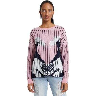Sweter damski Desigual Chennai różowy w paski z nadrukiem-XL Sweter damski Desigual Chennai różowy w paski z nadrukiem-XL