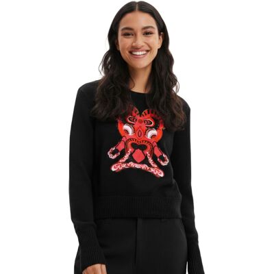 Sweter damski Desigual Moon czarny z orientalna maską -S Sweter damski Desigual Moon czarny z orientalna maską -S