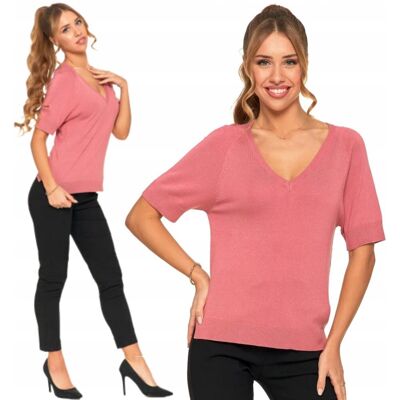 Sweter Damski Klasyczny Z Krótkimi Rękawami Wiskoza Elegancki Moraj M Pink Sweter Damski Klasyczny Z Krótkimi Rękawami Wiskoza Elegancki Moraj M Pink