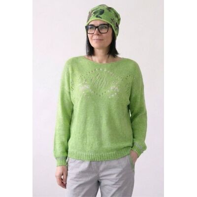 PINK BOX Sweter damski limonkowy zielony ze srebrną nitką moher Italy oversize miękki PINK BOX Sweter damski limonkowy zielony ze srebrną nitką moher Italy oversize miękki