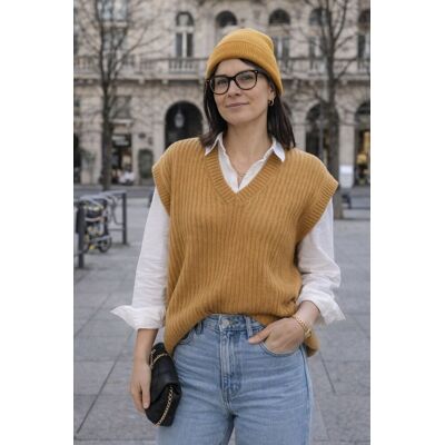 PINK BOX Sweter damski moher kamizelka musztardowa oversize Made in Italy PINK BOX Sweter damski moher kamizelka musztardowa oversize Made in Italy