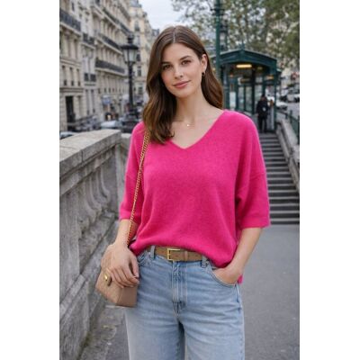 PINK BOX Sweter damski różowy z dekoltem V miękki alpaka Włoski Uniwersalny PINK BOX Sweter damski różowy z dekoltem V miękki alpaka Włoski Uniwersalny