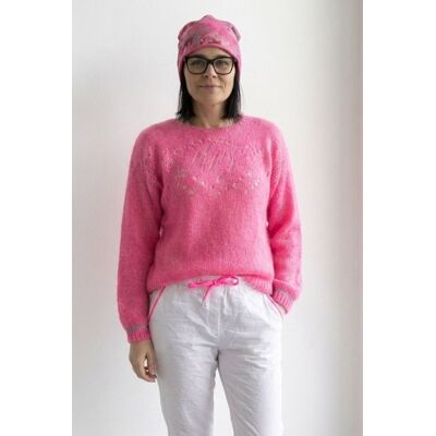PINK BOX Sweter damski różowy ze srebrną nitką moher Italy oversize miękki PINK BOX Sweter damski różowy ze srebrną nitką moher Italy oversize miękki