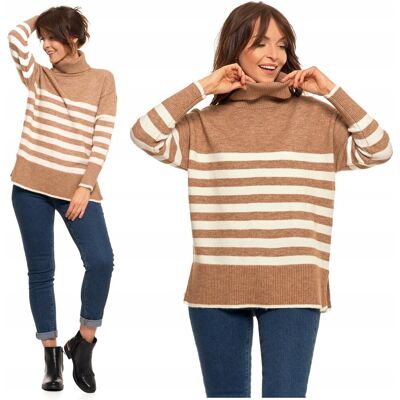 SWETER DAMSKI w Paski Golf Luźny Wygodny Beżowy Stylowy na Jesień MORAJ XL SWETER DAMSKI w Paski Golf Luźny Wygodny Beżowy Stylowy na Jesień MORAJ XL