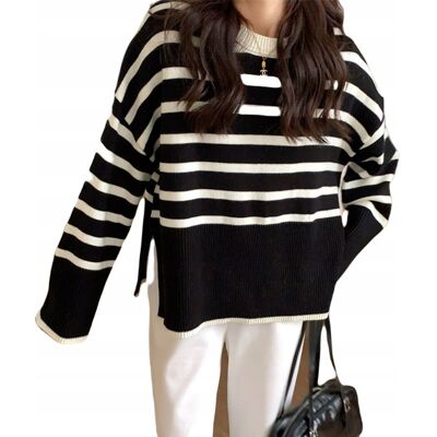 Inny producent Sweter Damski w Paski Over Size Ciepły Czarny Inny producent Sweter Damski w Paski Over Size Ciepły Czarny