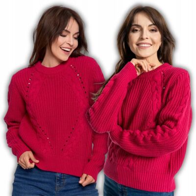 Sweter Damski Warkoczowy Splot Okrągły Dekolt Długie Rękawy Moraj 2Xl/3Xl Pink Sweter Damski Warkoczowy Splot Okrągły Dekolt Długie Rękawy Moraj 2Xl/3Xl Pink