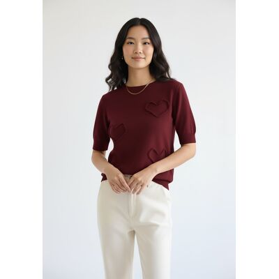 FIGL Sweter damski z krótkim rękawem w serca 3D z wiskozy Regular Fit z okrągłym dekoltem - M1278, bordowy, S FIGL Sweter damski z krótkim rękawem w serca 3D z wiskozy Regular Fit z okrągłym dekoltem - M1278, bordowy, S