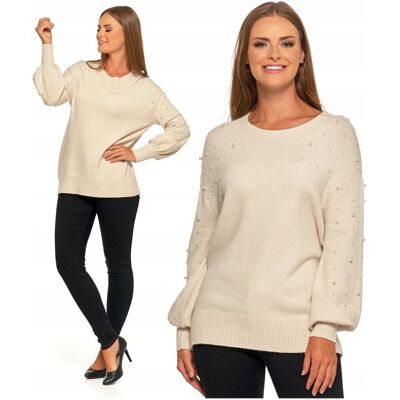SWETER DAMSKI z Ozdobnymi Perełkami Szerokie Rękawy Beżowy Stylowy MORAJ S SWETER DAMSKI z Ozdobnymi Perełkami Szerokie Rękawy Beżowy Stylowy MORAJ S
