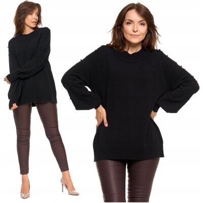 SWETER DAMSKI z Ozdobnymi Perełkami Szerokie Rękawy Czarny Stylowy MORAJ M SWETER DAMSKI z Ozdobnymi Perełkami Szerokie Rękawy Czarny Stylowy MORAJ M