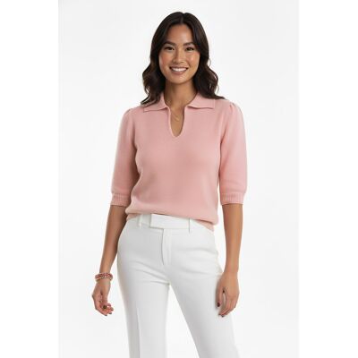 FIGL Sweter z kołnierzem damski i dekoltem w V - Różowy sweter M1258 r. M FIGL Sweter z kołnierzem damski i dekoltem w V - Różowy sweter M1258 r. M
