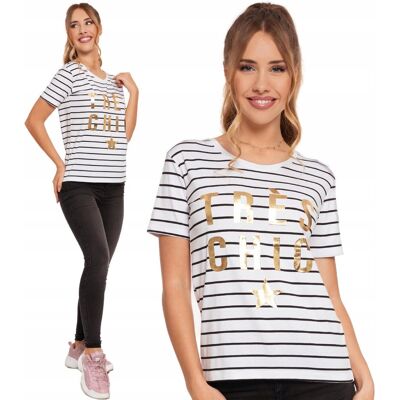T-shirt Koszulka Damska z Nadrukiem w Paski Krótki Rękaw Bawełna S MORAJ T-shirt Koszulka Damska z Nadrukiem w Paski Krótki Rękaw Bawełna S MORAJ