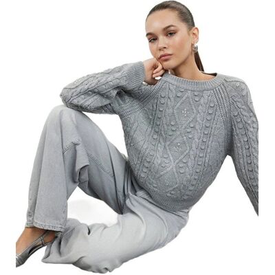 Inny producent TRENDYOL SZARY SWETER DAMSKI Z WARKOCZOWYM WZOREM I CEKINAMI L 5EA* Inny producent TRENDYOL SZARY SWETER DAMSKI Z WARKOCZOWYM WZOREM I CEKINAMI L 5EA*