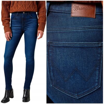 Wrangler HIGH SKINNY wysokie ciemne damskie spodnie jeansowe rurki W28 L34 Wrangler HIGH SKINNY wysokie ciemne damskie spodnie jeansowe rurki W28 L34