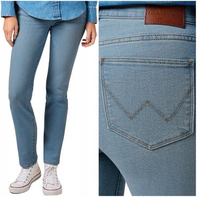 Wrangler SLIM Steamy jasne proste wysokie damskie spodnie jeansowe W30 L34 Wrangler SLIM Steamy jasne proste wysokie damskie spodnie jeansowe W30 L34
