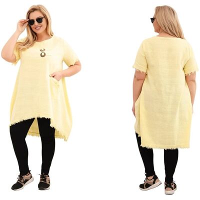 Kesi Żółta tunika damska bawełniana Plus Size asymetryczna Kesi Żółta tunika damska bawełniana Plus Size asymetryczna