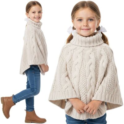 sarcia.eu Beżowe poncho dla dziewczynki, sweter z golfem – ciepłe, plecione, zimowe okrycie 5 -6lat, 116cm sarcia.eu Beżowe poncho dla dziewczynki, sweter z golfem – ciepłe, plecione, zimowe okrycie 5 -6lat, 116cm
