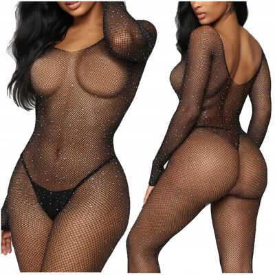 Luvu Bodystocking Długi Rękaw Siateczka Cyrkonie Komplet Bielizna Czarne Luvu Bodystocking Długi Rękaw Siateczka Cyrkonie Komplet Bielizna Czarne