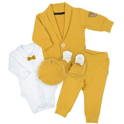Chłopięcy komplet body z długim rękawem, czapka, butków dresowych, spodni i bluzy żółty Nicol,r.62 Chłopięcy komplet body z długim rękawem, czapka, butków dresowych, spodni i bluzy żółty Nicol,r.62