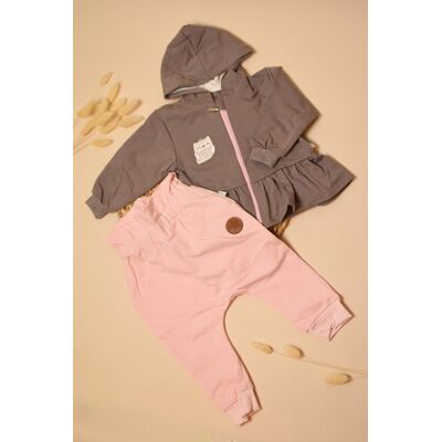 Dres dla dziewczynki szara bluza z kapturem i falbanką z motywem sówki oraz różowe spodnie Koala baby 80 Dres dla dziewczynki szara bluza z kapturem i falbanką z motywem sówki oraz różowe spodnie Koala baby 80